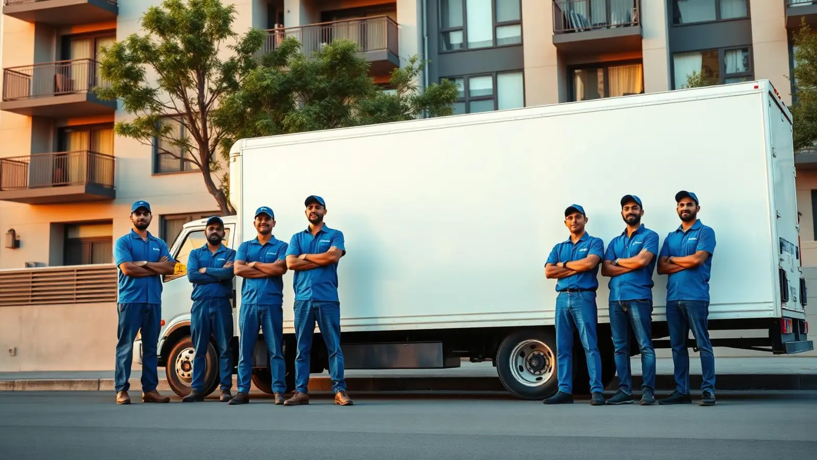 Rapid Packers and Movers Surat uniformed crew standing beside their moving truck outside an apartment building