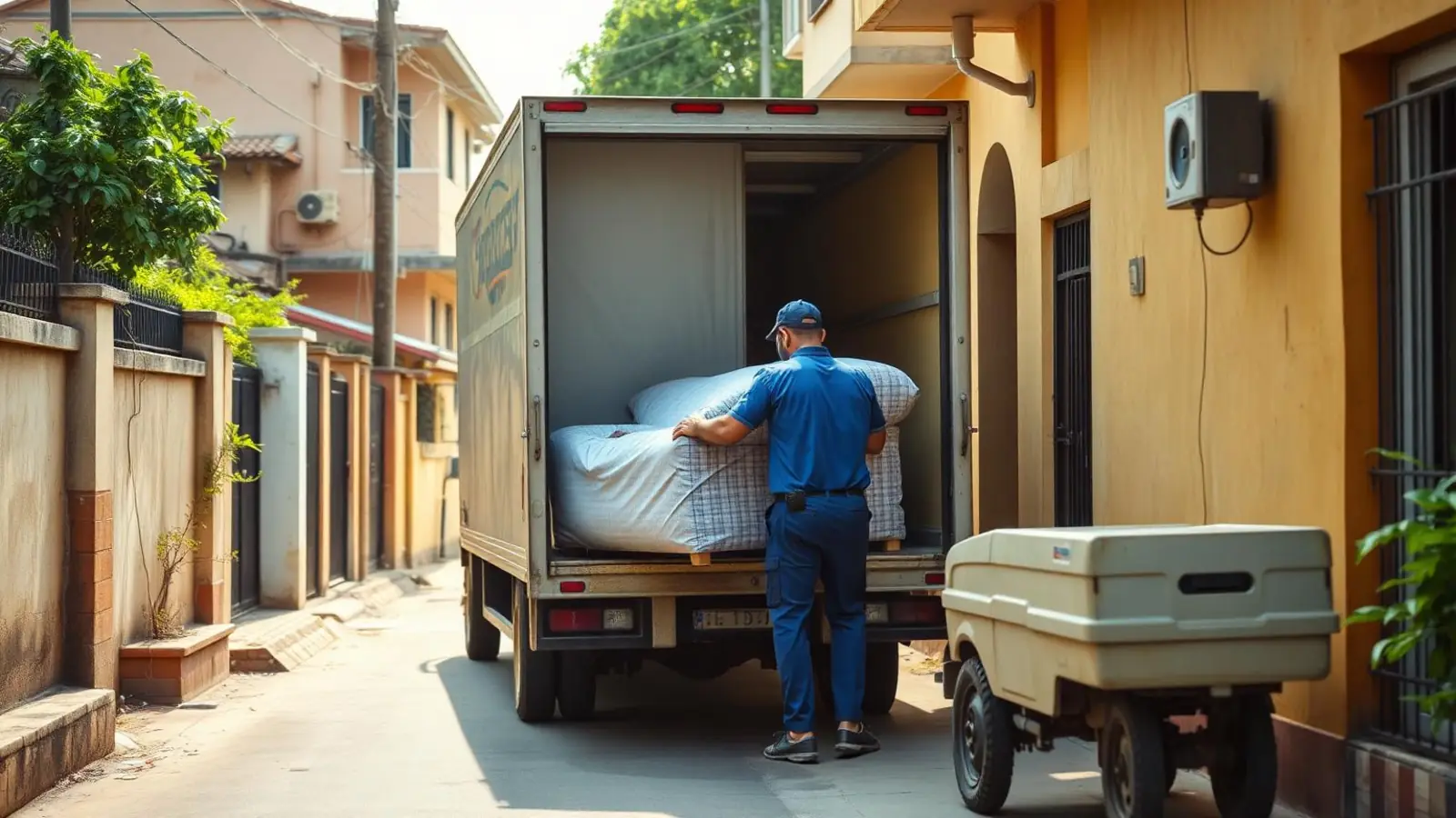 Rapid Packers and Movers crew loading a wrapped sofa on a residential street in Pal, Surat