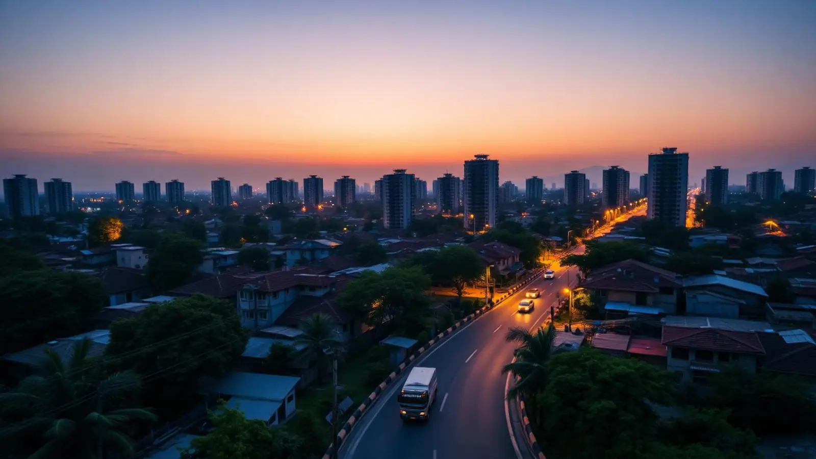 Aerial view of Surat residential towers at dusk where our area-wise moving teams operate