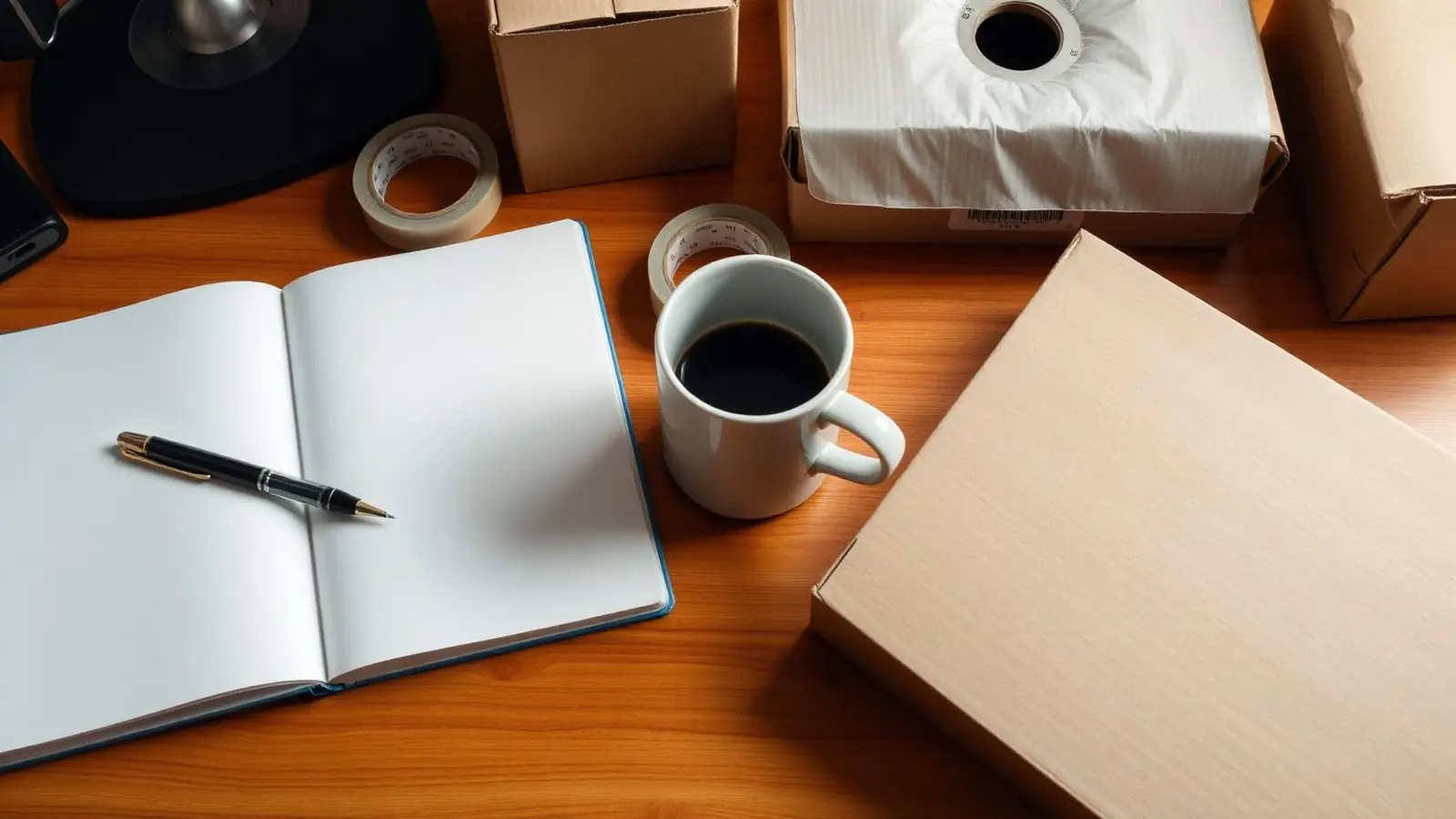 Open notebook, coffee and packing cartons on a desk representing our moving tips blog