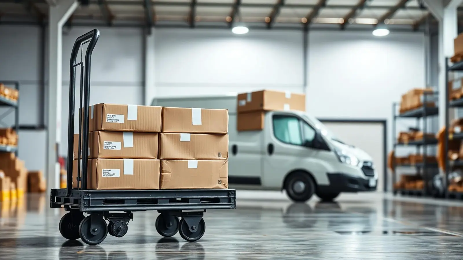 Courier and cargo parcels stacked on a trolley beside a delivery van in a Surat logistics warehouse