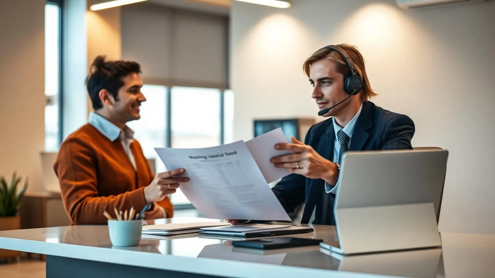 Moving company support executive answering customer shifting questions in a modern office