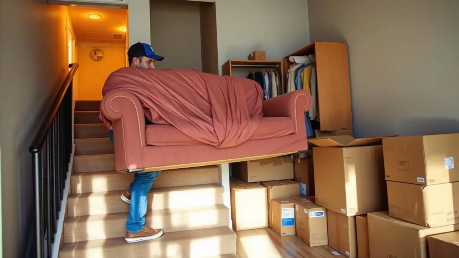 Movers carefully carrying wrapped household items during a Surat shifting job