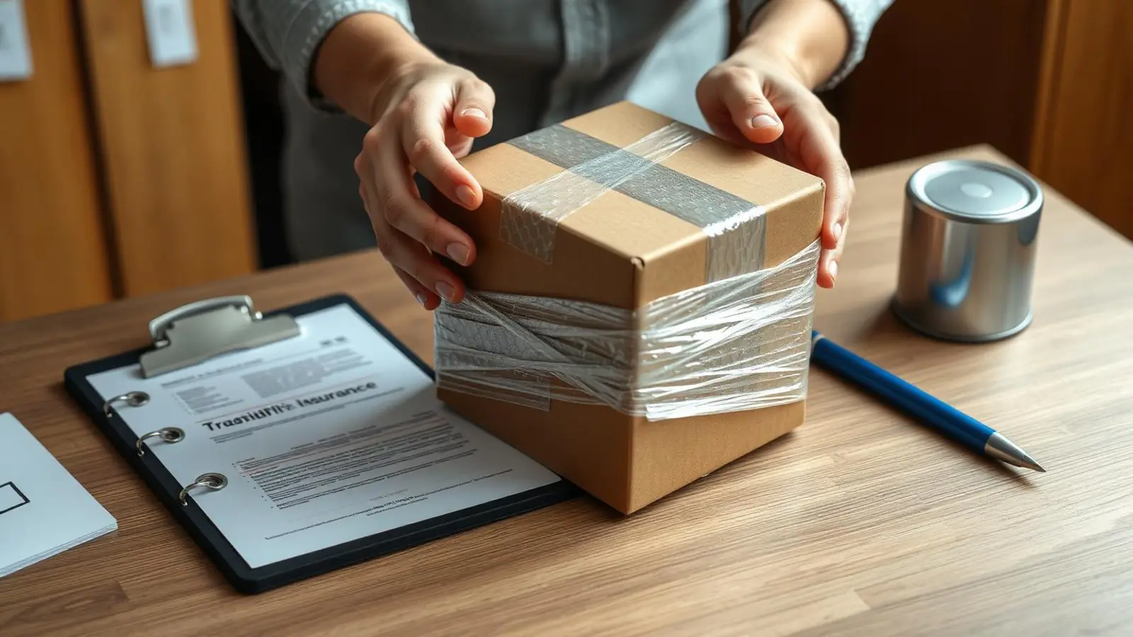 Bubble-wrapped carton beside a transit insurance document for insured packers and movers in Surat