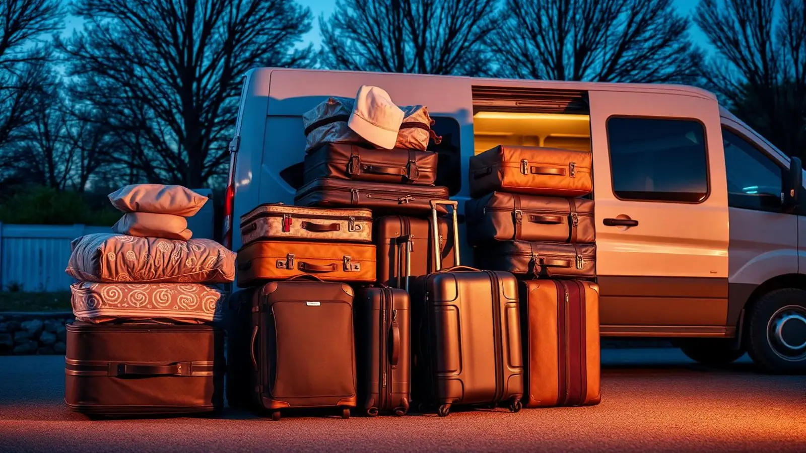 Suitcases and travel bags loaded beside a van for door-to-door luggage delivery service in Surat