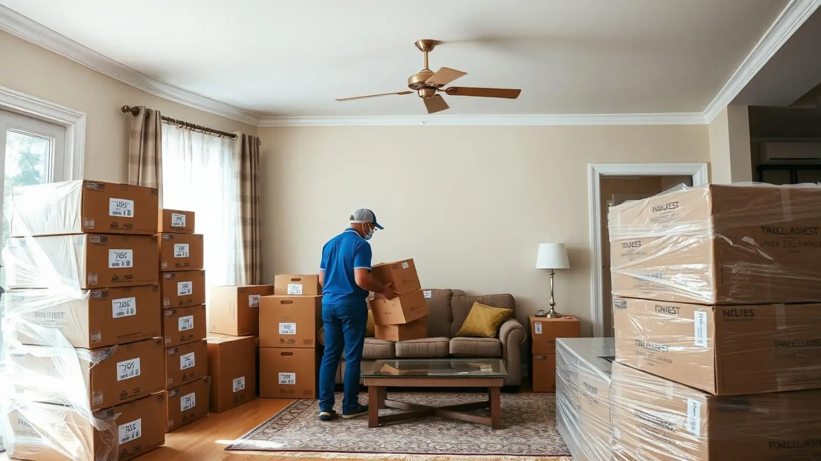 Living room mid-relocation with wrapped furniture and packed cartons ready for shifting in Surat
