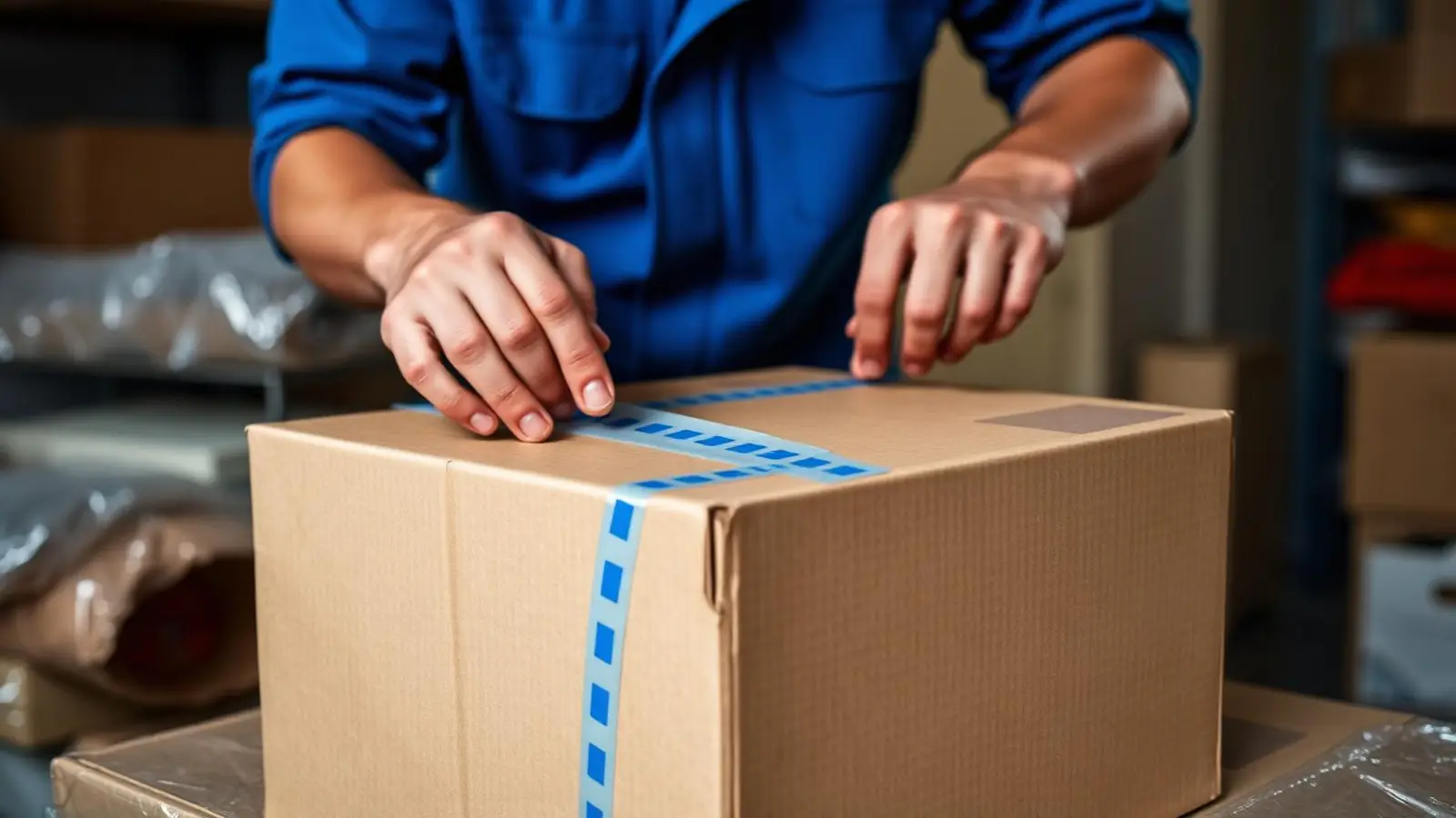 Close-up of a mover sealing a carton with quality packing tape and premium packing materials
